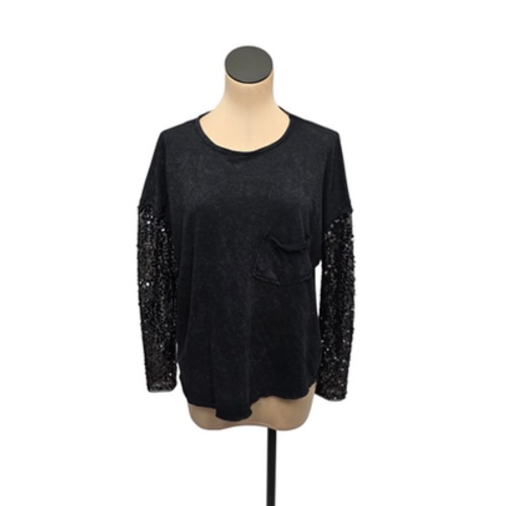 Free People Black Distressed Sequin Sleeve Pocket T-Shirt Top XS